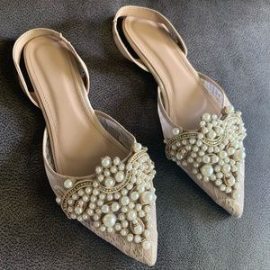 Beige lace mules flats